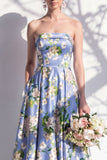 Strapless blauwe bloemenjurk van de A-lijn bruidsmeisjesjurk