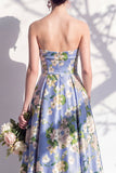 Strapless blauwe bloemenjurk van de A-lijn bruidsmeisjesjurk