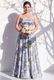 Strapless blauwe bloemenjurk van de A-lijn bruidsmeisjesjurk