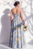 Strapless blauwe bloemenjurk van de A-lijn bruidsmeisjesjurk