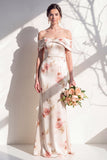 Off-the-shoulder ivoorrode bloemen zeemeerminjurk bruidsmeisjesjurk