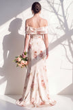 Off-the-shoulder ivoorrode bloemen zeemeerminjurk bruidsmeisjesjurk