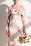 Off-the-shoulder ivoorrode bloemen zeemeerminjurk bruidsmeisjesjurk