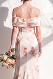 Off-the-shoulder ivoorrode bloemen zeemeerminjurk bruidsmeisjesjurk