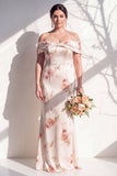 Off-the-shoulder ivoorrode bloemen zeemeerminjurk bruidsmeisjesjurk