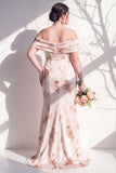 Off-the-shoulder ivoorrode bloemen zeemeerminjurk bruidsmeisjesjurk