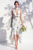 Groene bloemen zeemeermin V hals bruidsmeisjesjurk met sjaal