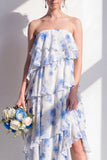 Strapless groene bloemenjurk met bloemen in de A-lijn bruidsmeisjesjurk
