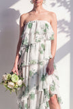 Strapless groene bloemenjurk met bloemen in de A-lijn bruidsmeisjesjurk