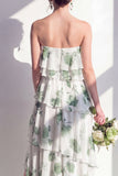 Strapless groene bloemenjurk met bloemen in de A-lijn bruidsmeisjesjurk