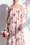 Strapless groene bloemenjurk met bloemen in de A-lijn bruidsmeisjesjurk