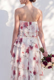 Strapless groene bloemenjurk met bloemen in de A-lijn bruidsmeisjesjurk