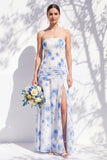 Strapless blauwe bloemenjurk van de A-lijn bruidsmeisjesjurk met split