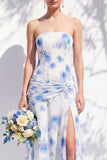 Strapless blauwe bloemenjurk van de A-lijn bruidsmeisjesjurk met split