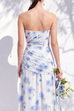 Strapless blauwe bloemenjurk van de A-lijn bruidsmeisjesjurk met split