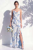 Blauwe bloemen met ruches en een lijn cowl hals bruidsmeisjesjurk