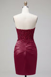 Satijn bordeauxrode sweetheart gerimpelde Bodycon Mini Homecoming jurk met pailletten