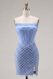 Satijn strapless blauw korset bodycon met kralenbezet homecoming jurk met split