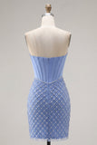 Satijn strapless blauw korset bodycon met kralenbezet homecoming jurk met split