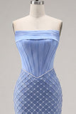 Satijn strapless blauw korset bodycon met kralenbezet homecoming jurk met split