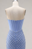 Satijn strapless blauw korset bodycon met kralenbezet homecoming jurk met split