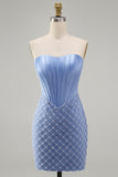 Blauwe strapless satijn bodycon korsetjurk met kralen homecoming jurk