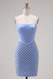 Blauwe strapless satijn bodycon korsetjurk met kralen homecoming jurk