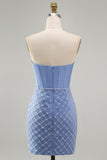 Blauwe strapless satijn bodycon korsetjurk met kralen homecoming jurk