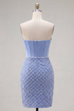 Blauwe strapless satijn bodycon korsetjurk met kralen homecoming jurk