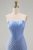Blauwe strapless satijn bodycon korsetjurk met kralen homecoming jurk