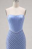 Blauwe strapless satijn bodycon korsetjurk met kralen homecoming jurk