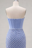 Blauwe strapless satijn bodycon korsetjurk met kralen homecoming jurk