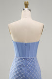 Blauwe strapless satijn bodycon korsetjurk met kralen homecoming jurk