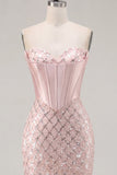 Sweetheart Blush Satijn Bodycon Korset Pailletten Homecoming Jurk