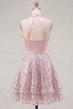 Blush satijn A-lijn halter hals met gerimpelde pailletten Homecoming jurk