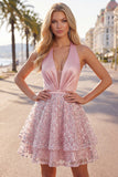 Blush satijn A-lijn halter hals met gerimpelde pailletten Homecoming jurk