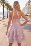 Blush satijn A-lijn halter hals met gerimpelde pailletten Homecoming jurk