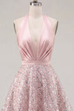 Blush satijn A-lijn halter hals met gerimpelde pailletten Homecoming jurk