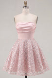 Blush satijn A-lijn strapless gerimpelde pailletten schattige homecomingjurk