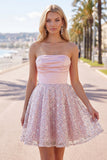 Blush satijn A-lijn strapless gerimpelde pailletten schattige homecomingjurk