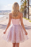 Blush satijn A-lijn strapless gerimpelde pailletten schattige homecomingjurk