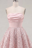 Blush satijn A-lijn strapless gerimpelde pailletten schattige homecomingjurk