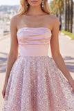 Blush satijn A-lijn strapless gerimpelde pailletten schattige homecomingjurk