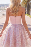 Blush satijn A-lijn strapless gerimpelde pailletten schattige homecomingjurk