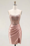 Sweetheart Blush satijn doorschijnende korsetjurk met kralen bezette homecoming jurk met split