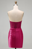 Bordeauxrode satijn gerimpelde, met kralen versierde sweetheart korset Homecoming Dress met split