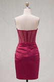 Bordeauxrode satijn gerimpelde, met kralen versierde sweetheart korset Homecoming Dress met split