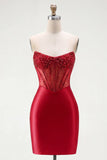 Rode satijnen bodycon Sweetheart doorschijnend korset Homecoming jurk