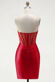 Rode satijnen bodycon Sweetheart doorschijnend korset Homecoming jurk