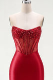 Rode satijnen bodycon Sweetheart doorschijnend korset Homecoming jurk